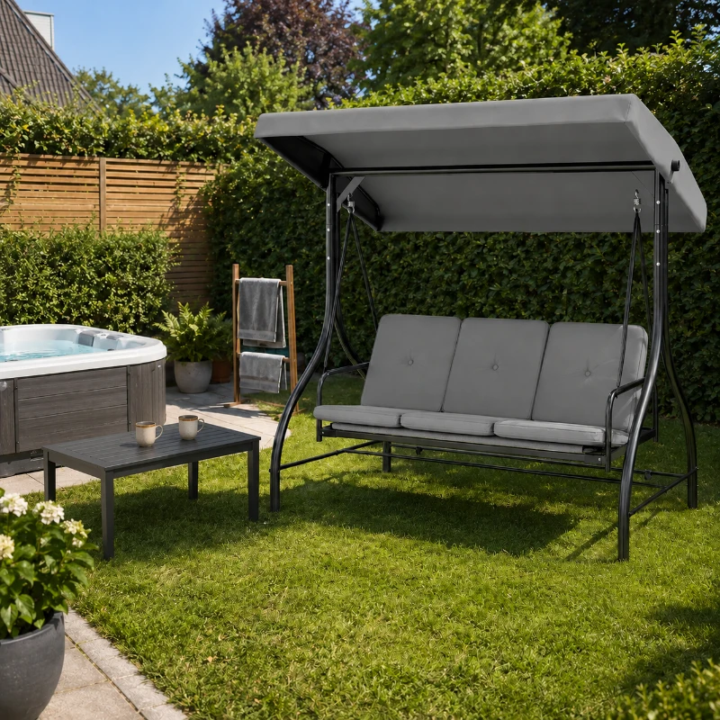 Outsunny 3 Seater Canopy Swing Chair, 2 in 1 Garden Swing Seat Bed, with Adjustable Canopy and Metal Frame, Light Grey