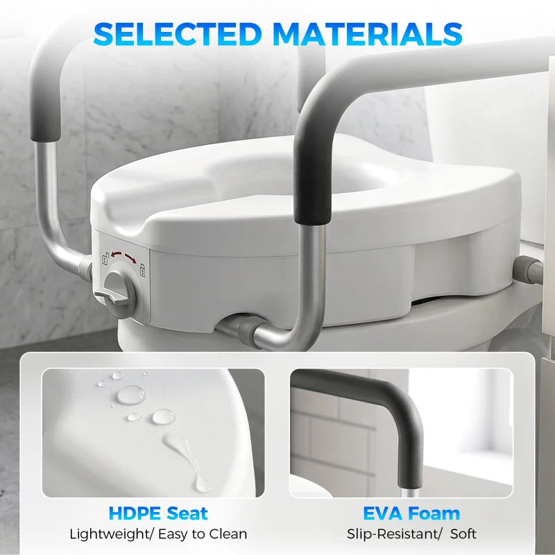 HOMCOM Înălțător WC pentru Vârstnici din HDPE cu Mânere Antialunecare, Lățime Reglabilă, Capacitate 136 kg, Alb