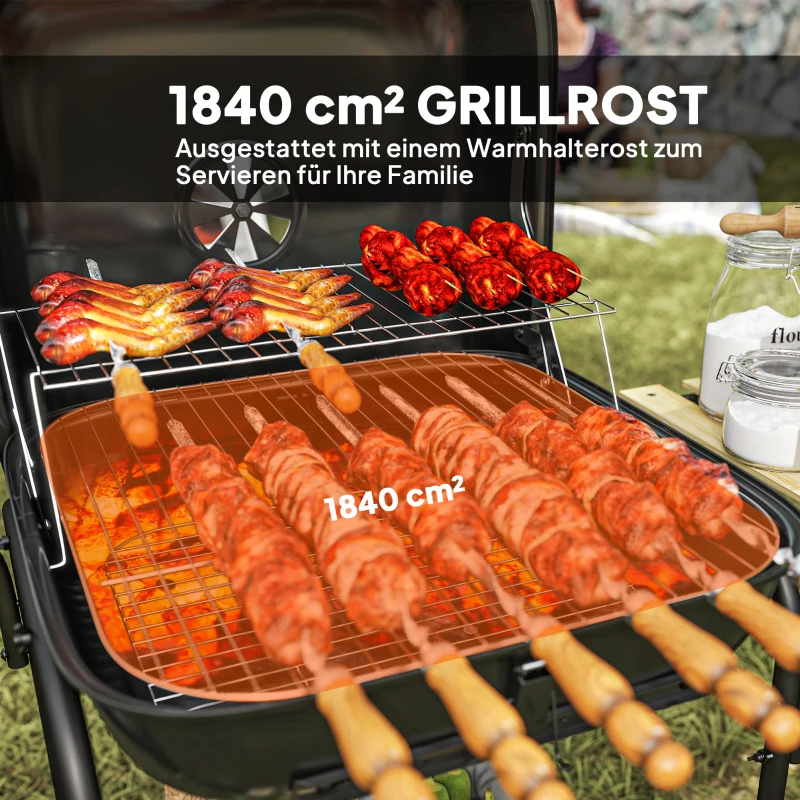 Outsunny Houtskoolbarbecue van staal, grillwagen met afsluitbare deksel, grillrooster, wielen, handgreep en houten plank, 98 x 54 x 91 cm, zwart