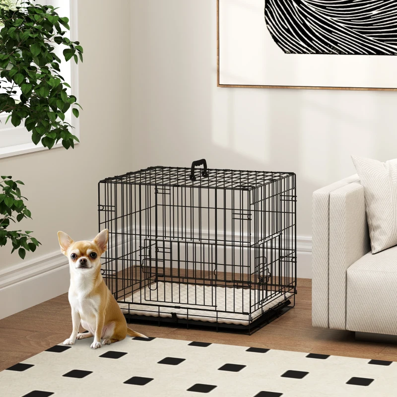 PawHut Foldable Dog Crate with Two Doors with Tray, Soft Cushion, for Extra Small Dogs, 60 x 45 x 50, Black
