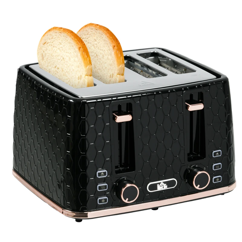 HOMCOM 4-Scheiben-Toaster mit 7 Bräunungsstufen, High-Lift, Aufwärmen/Auftauen/Abbrechen, 1860W, Schwarz mit Wabenstruktur