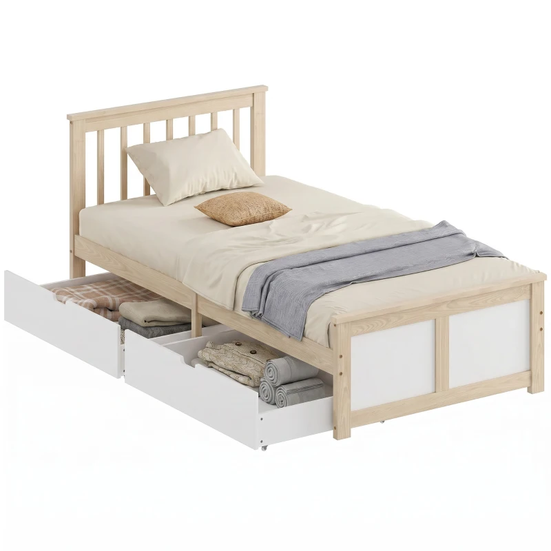 HOMCOM Pine Storage Bed, 3ft Single Solid Wooden Bed Frame with Drawers, Headboard, Wood Slat Support, Natural Wood Finish