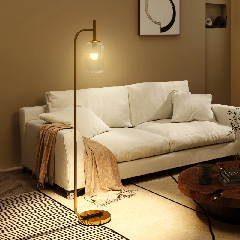 HOMCOM LED Floor Lamp for Living Room with Glass Lampshade, Modern Standing Lamp with Foot Switch, Adjustable Brightness, 2700K for Bedroom, Gold Tone
