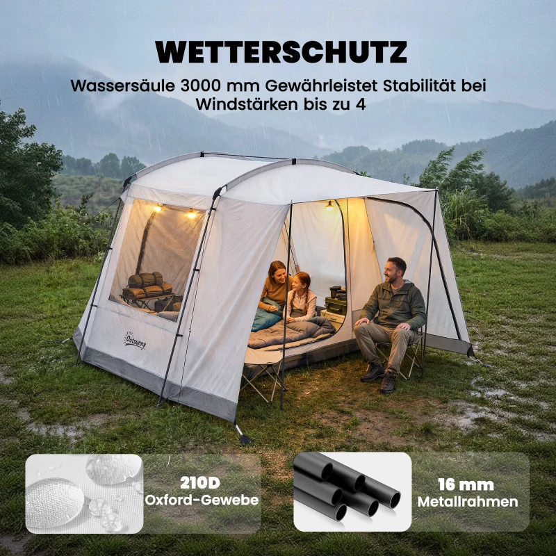 Outsunny Achtertent voor 2-4 personen, 320 x 280 x 205 cm 2-in-1 autotent waterdicht tunneltent met 4 deuren, raam en grondzeil