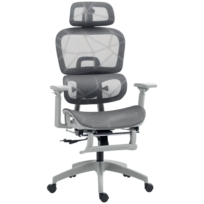 HOMCOM Fauteuil de bureau, chaise de bureau ergonomique en maille avec accoudoirs 3D, dossier inclinable, 66x64x122 cm, gris
