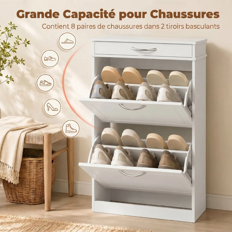 HOMCOM Meuble chaussure 8 paires, armoire à chaussures étroit avec tiroir et 2 portes abattants et étagère réglable, blanc