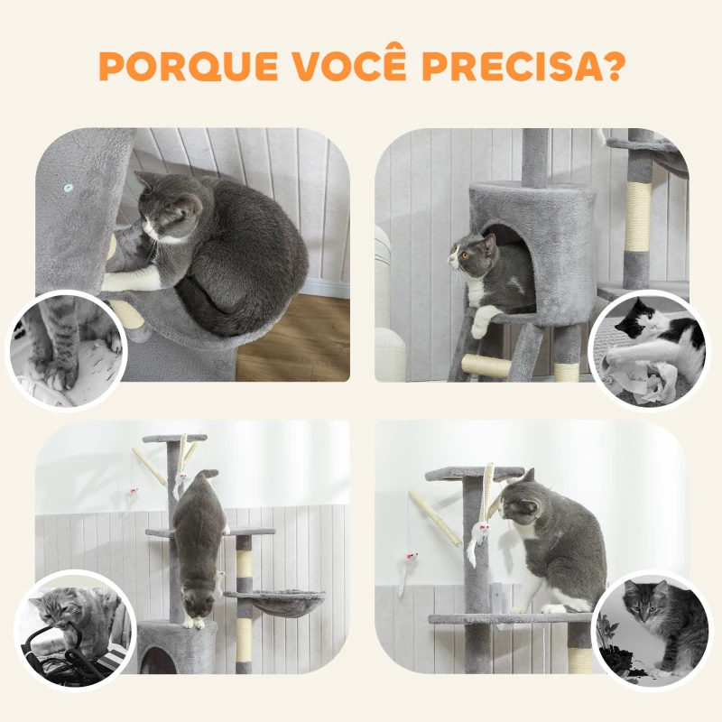 PawHut Arranhador para Gatos com Caverna Plataformas Rato de Brinquedo Rede e Postes de Sisal 60x35x134 cm Cinzento