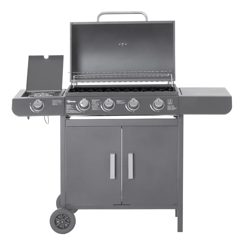 Outsunny 4+1 Burner Gas BBQ Grill, Outdoor Barbecue Trolley with Wheels, Warming Rack, Side Shelves, Cabinet, Thermometer for Garden, Party, Camping, 125L x 51W x 100Hcm, Grey