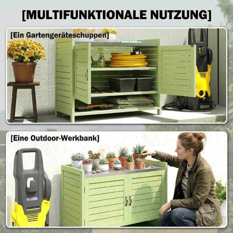 Outsunny Plantentafel met opbergkast van hout, buitenkast met verzinkt werkblad, 3 planken, 88x40x70,5 cm, groen