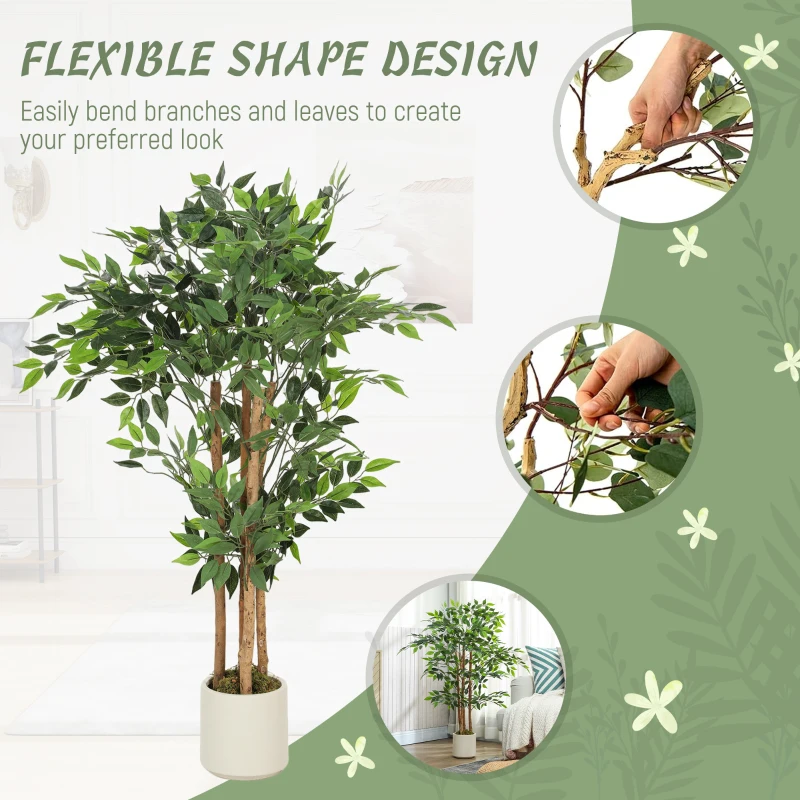 HOMCOM 120cm Artificial Ficus Tree, Fake Potted Tree with Solid Wood Trunk and Pot for Indoor, Green