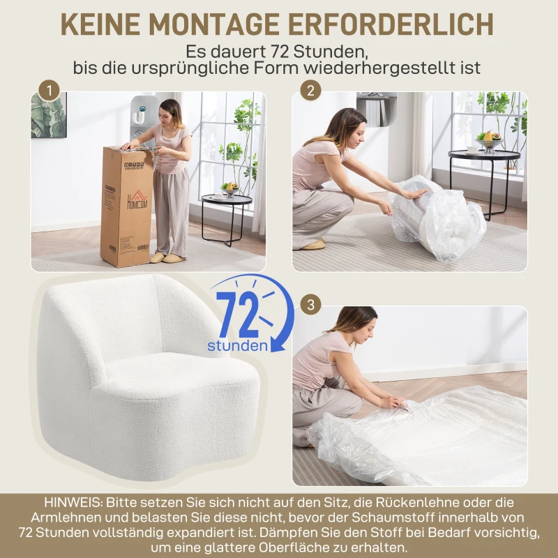 HOMCOM Moderne fauteuil met fleece-look bekleding, knusse stoel voor woonkamer, slaapkamer of thuiskantoor, crèmewit(m-6)