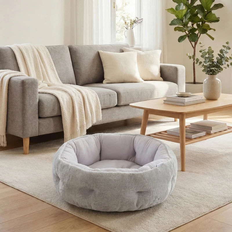 PawHut Lit pour chat réversible, lit pour chats d'intérieur et petits chiens, lit rond avec rebord de soutien, gris clair