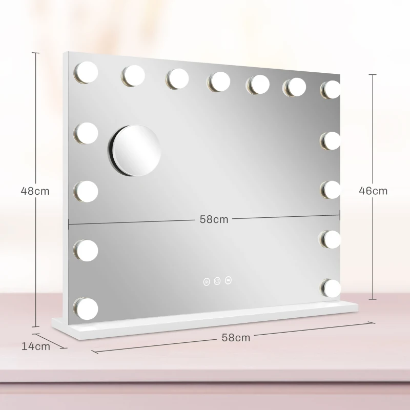 HOMCOM LED-make-upspiegel, 3 lichtstanden, dimbaar, touch-bediening, USB, 58 x 48 cm, wit