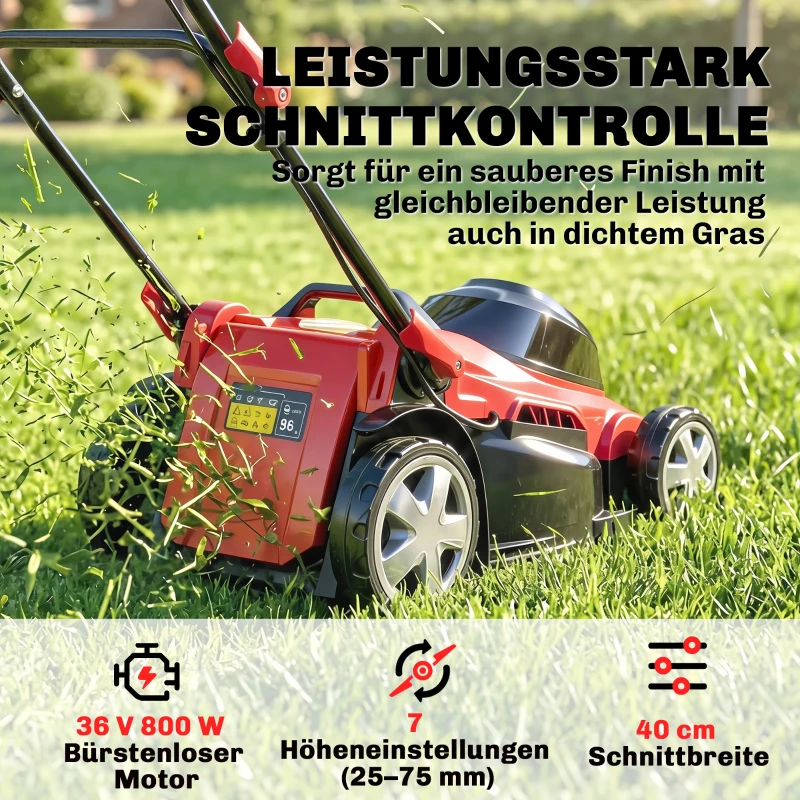 Outsunny Elektrische Grasmaaier 800W met 40 cm Maaibreedte, 45L Opvangbak, Accu-indicator, Overbelastingsbeveiliging, 7 Maaihoogtes