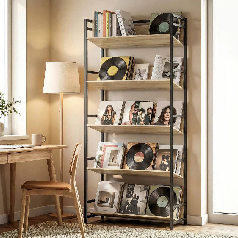 HOMCOM Bookshelf 5-Tier Metal Frame Bookcase Storage Shelves for Living Room Oak