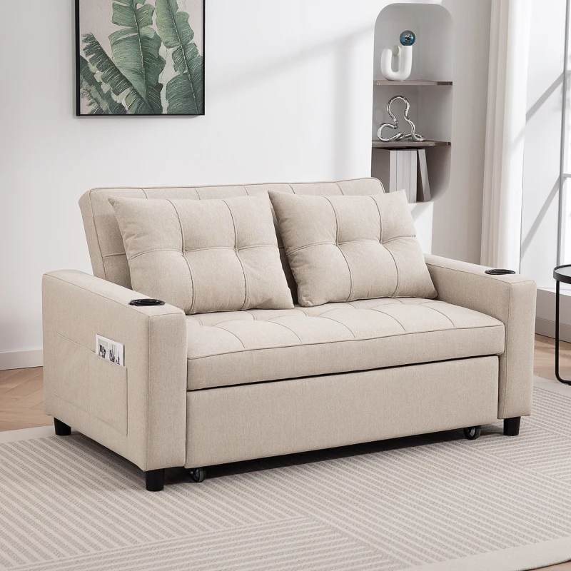 HOMCOM Two-Seater Pull-Out Sofa Bed - Beige