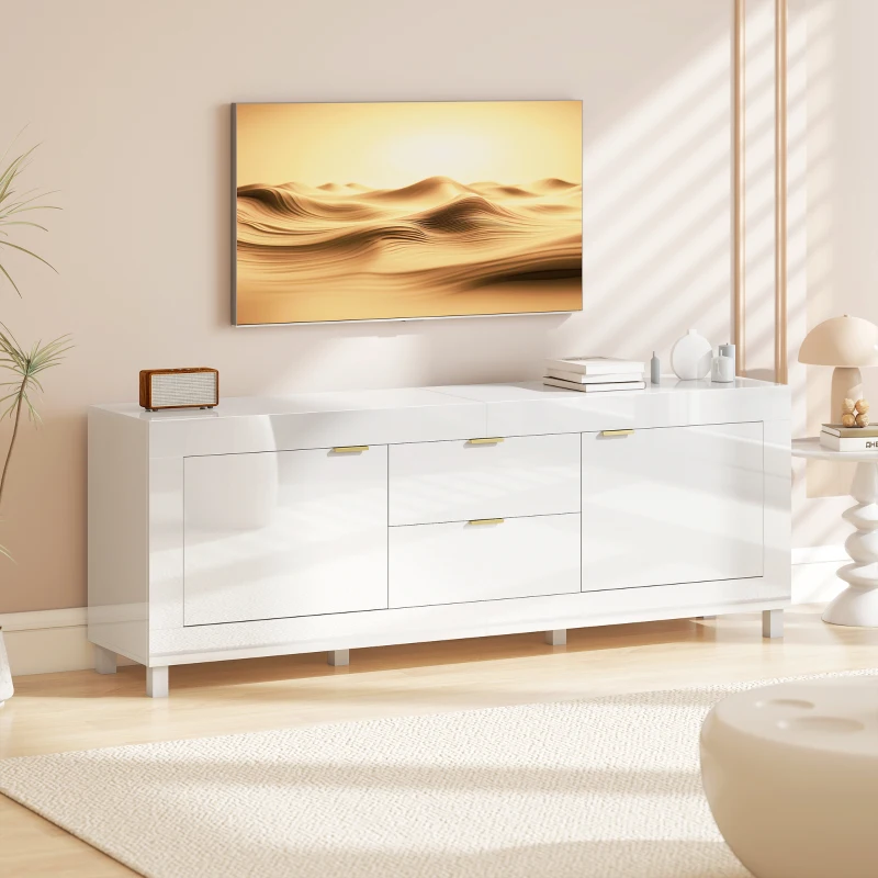 HOMCOM TV-Schrank für Fernseher bis zu 75 Zoll, modernes Entertainment-Center mit 2 Schränken und 2 Schubladen, Hochglanz Weiß