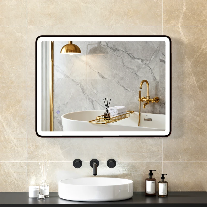 HOMCOM LED-Badezimmerspiegel Anti-Beschlag Dimmbare Schminkspiegel mit Beleuchtung 80 x 60 cm Schwarzer Rahmen