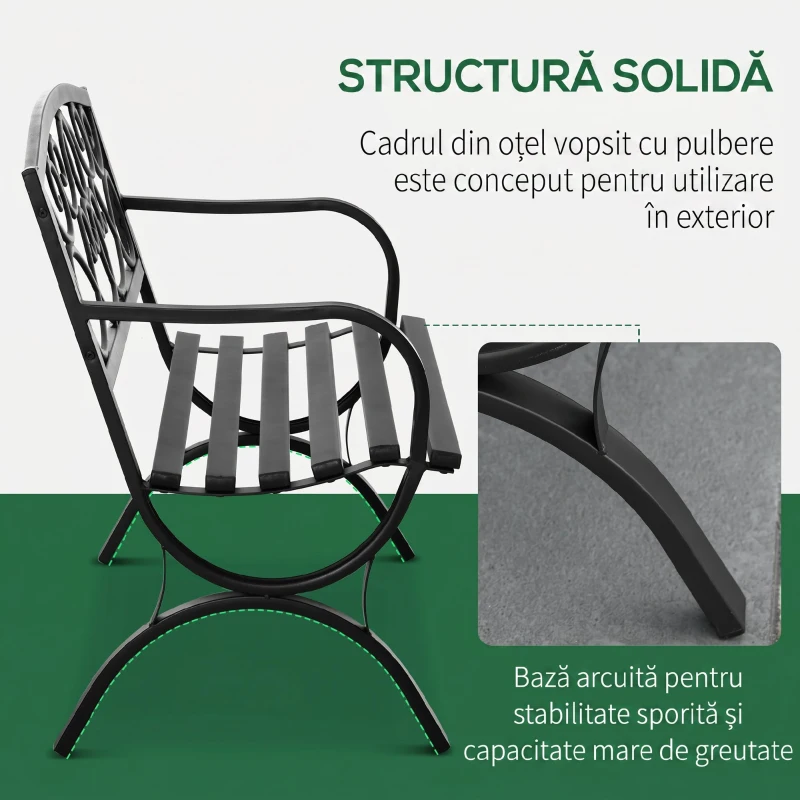 Outsunny Bancuta pentru gradina 2 locuri din otel si fonta cu brate si decoratiune, 128x58.5x85cm, negru