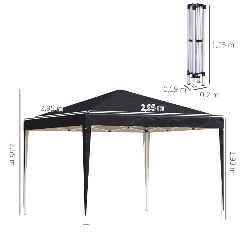 Outsunny Paviljoen, 2,95 x 2,95 m Pop-up Vouwpaviljoen, Tuinpaviljoen, Partypaviljoen, UV-bescherming, Staal+Oxfordstof, Zwart