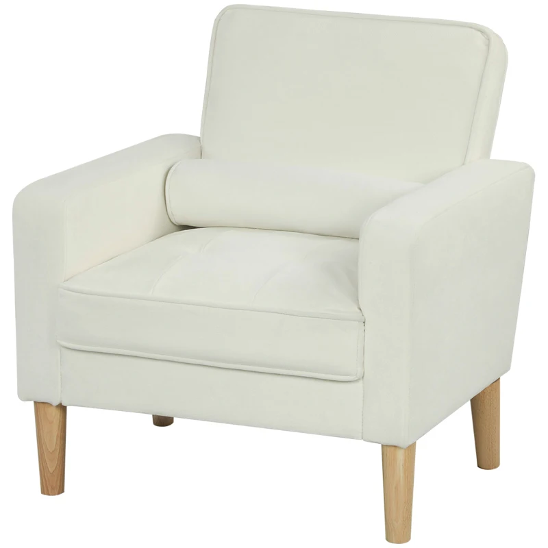 HOMCOM Fauteuil de salon en velours, canapé 1 place rembourré avec assise large, pour chambre, salon, petit espace, crème