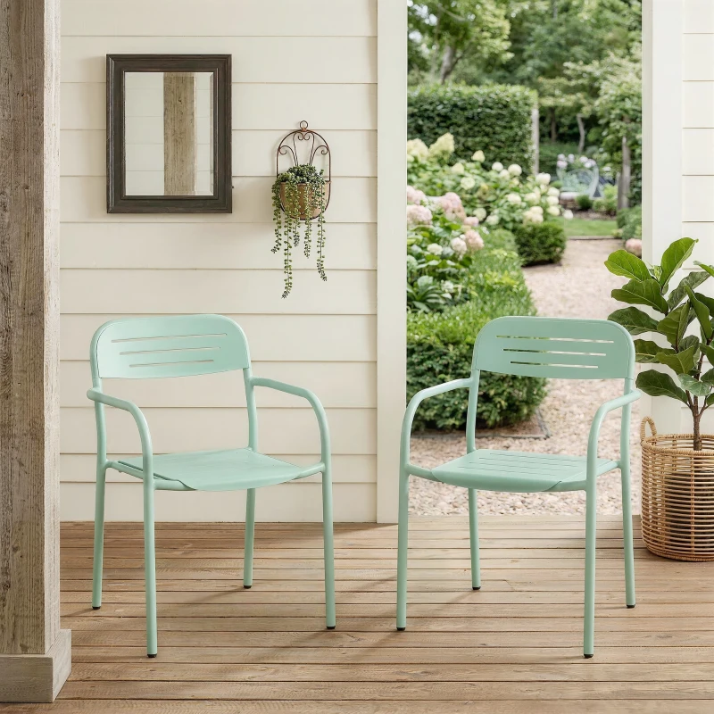 Outsunny Set de 2 Scaune de Grădină, Scaune de Exterior Stivuibile cu Cotiere din Metal, Verde