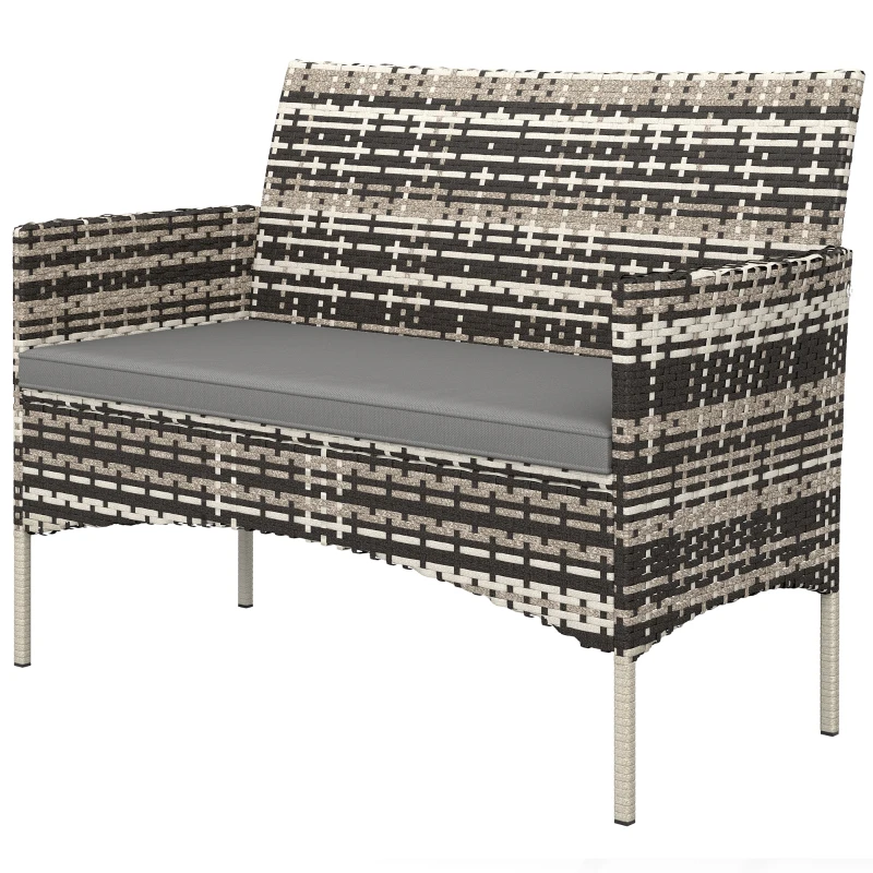 Outsunny 2-zits Rattan Tuinbank PE-Rattan Outdoor Terrasbank met Kussen, Anti-slip Matten, Stalen Frame, Lichtgrijs