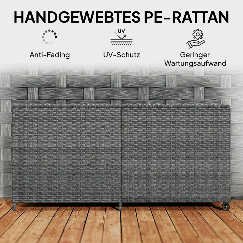 Outsunny Rattan Tuinbox 650L waterdicht UV-bestendig Kussenbox met Deksel Wielen Opbergruimte 150 x 75 x 74 cm Donkergrijs