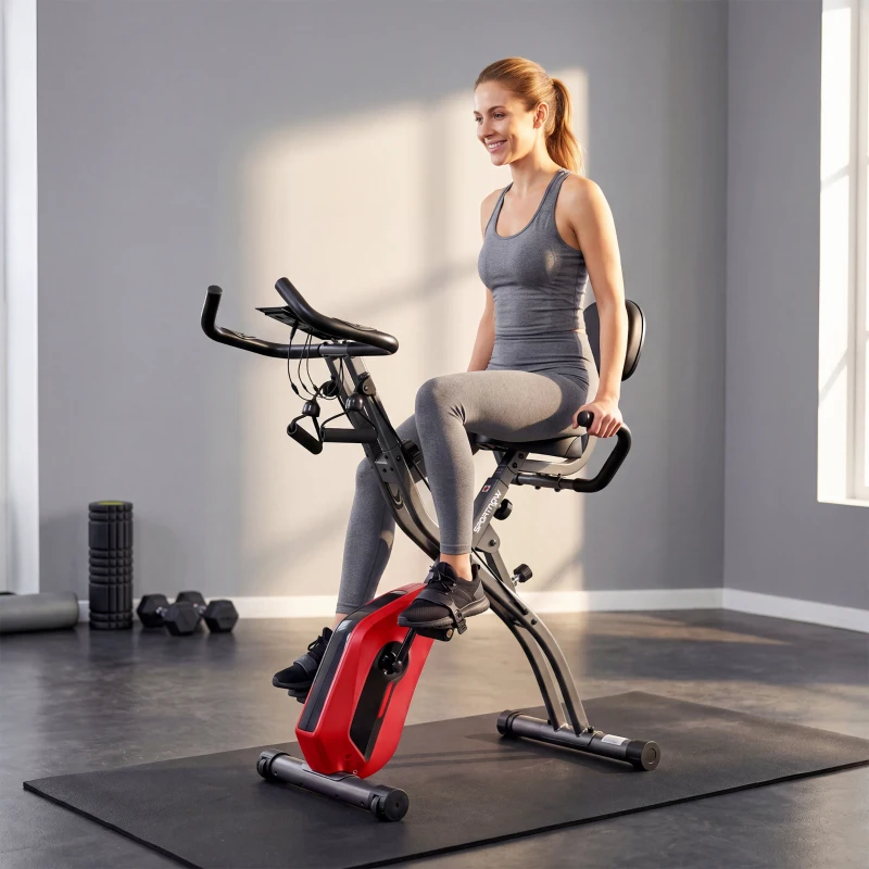 SPORTNOW 3-In-1 Folding Exercise Bike with Resistance Bands, Bluetooth App, 8-Level Magnetic Resistance, LCD Display, Red