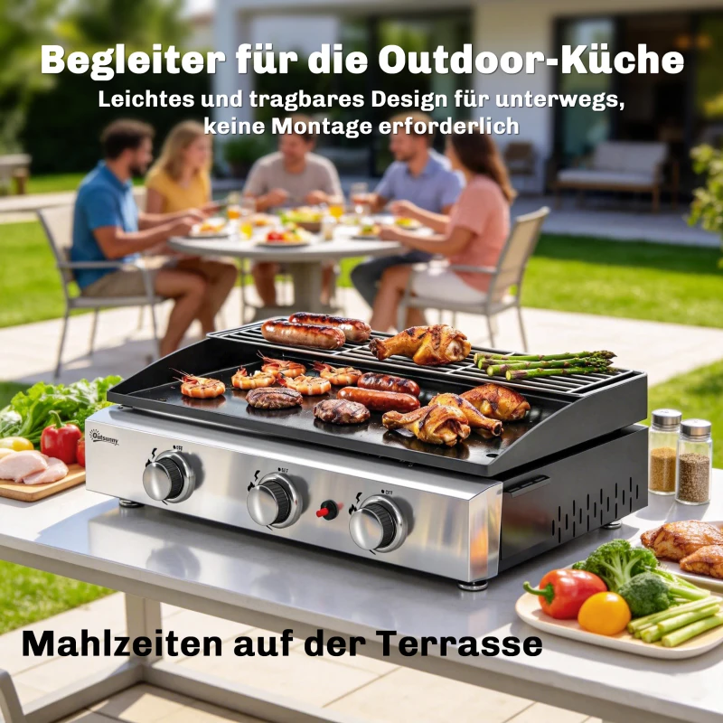 Outsunny Gasbarbecue 7,5 KW Draagbare Tafelbarbecue met 3 Branders Keramische Coating Grillrooster Warmhoudrek