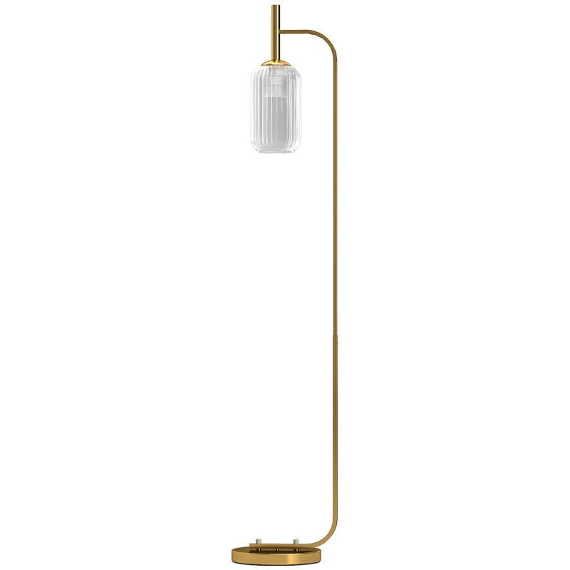 HOMCOM LED Floor Lamp for Living Room with Glass Lampshade, Modern Standing Lamp with Foot Switch, Adjustable Brightness, 2700K for Bedroom, Gold Tone