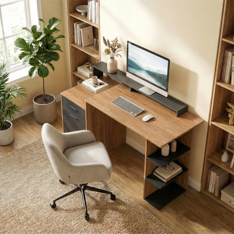 HOMCOM Computertisch mit Stauraum und Regalen, Moderner Schreibtisch für Büro und Arbeitszimmer, 140 cm, Eiche