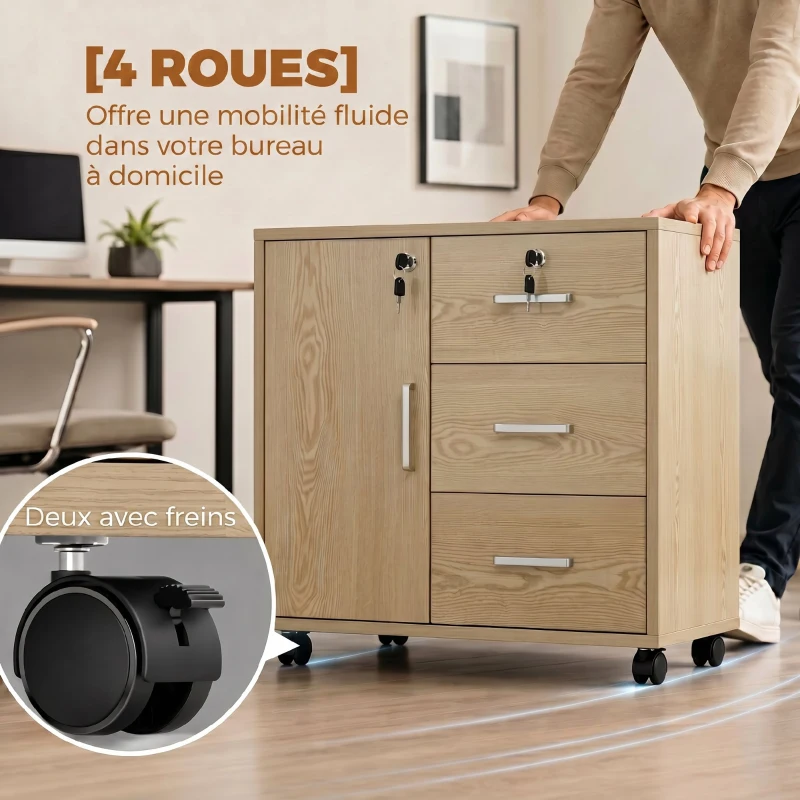 HOMCOM Caisson bureau meuble de rangement verrouillable avec 3 tiroirs et étagère réglable, roulettes, 40 x 60 x 56 cm, marron clair