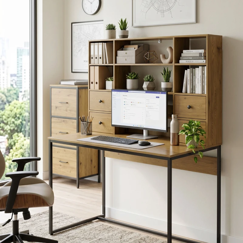 HOMCOM Birou pentru computer cu 4 sertare, 105 x 60 cm, birou cu depozitare, rafturi deschise, 105 x 60 cm, lemn natural
