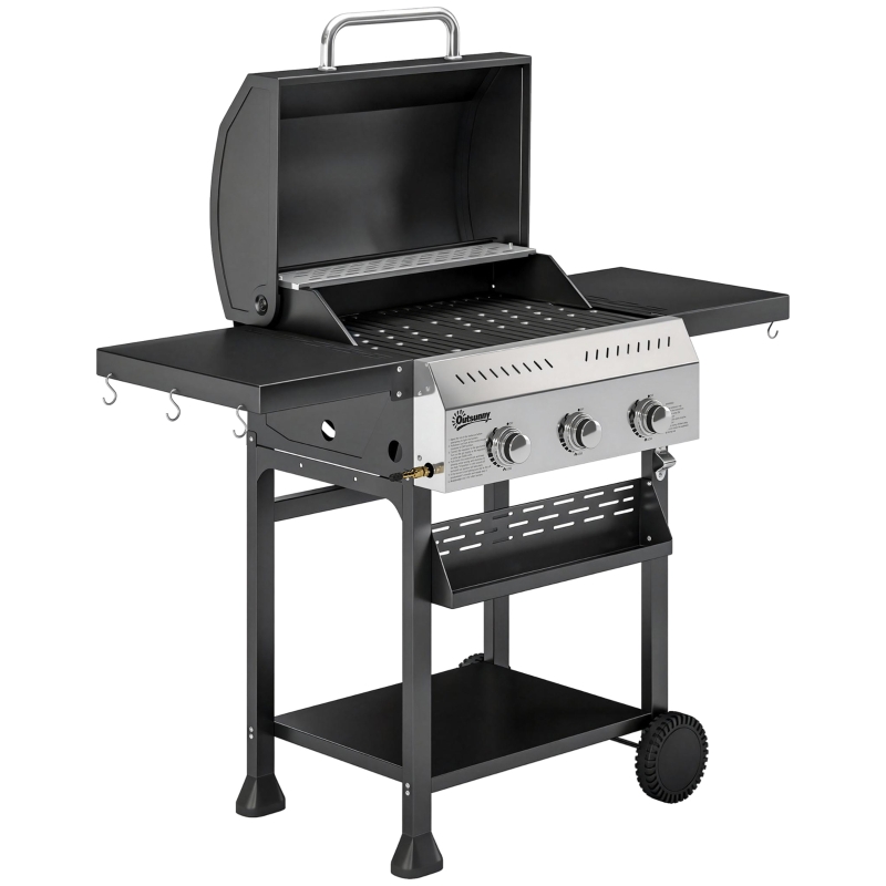 Outsunny Gasbarbecue 9 kW 3 Branders BBQ Grillwagen Roestvrij Staal incl. Uitklapbare Zijtafels Kruidenrek Onderrek 6 Haken