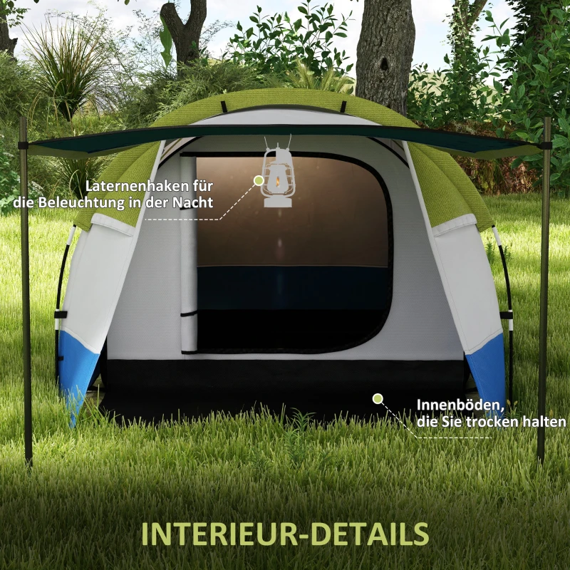 Outsunny Campingzelt, für 3 Personen, Laternenhaken, drei Eingänge, wasserdicht, Grün