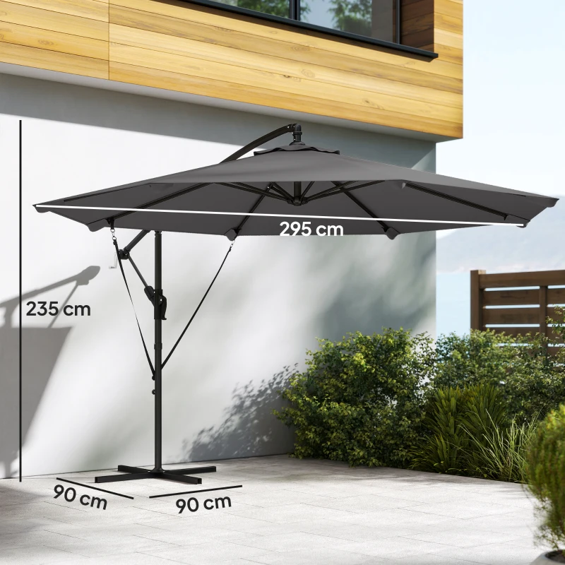 Outsunny Ampelscherm Ø300 cm Verstelbaar Parasol met Draaimechanisme Kruisvoet Windkoorden Beschermhoes Donkergrijs