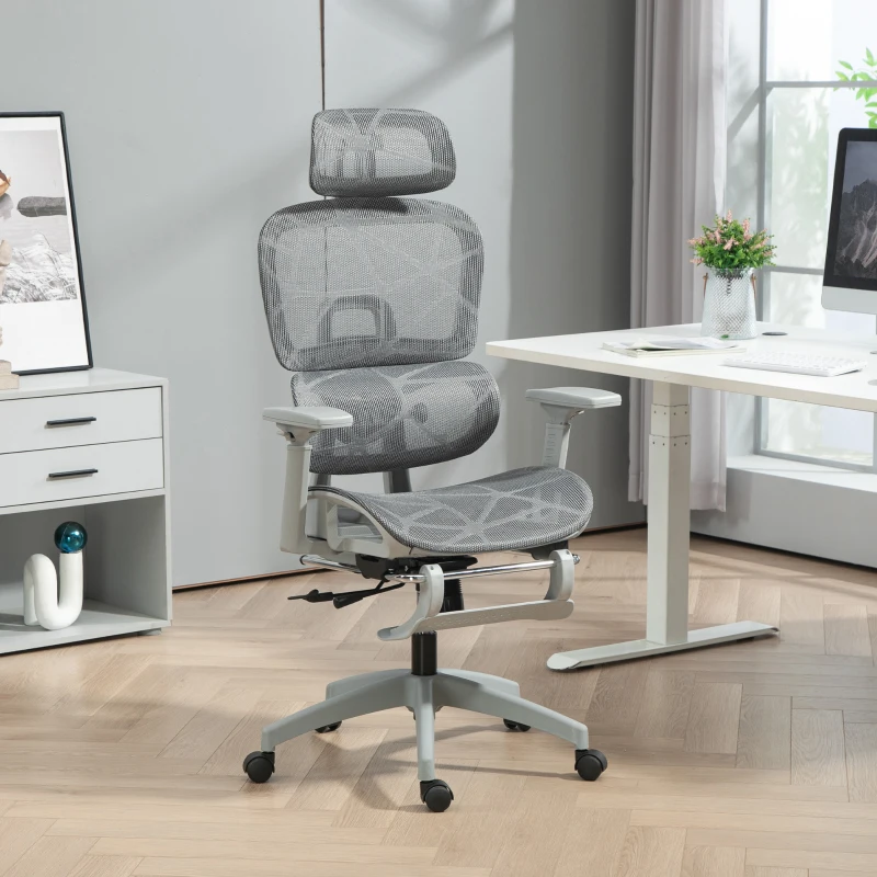 HOMCOM Fauteuil de bureau, chaise de bureau ergonomique en maille avec accoudoirs 3D, dossier inclinable, 66x64x122 cm, gris