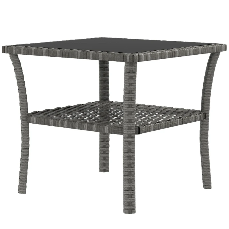 Outsunny Polyrattan Tuintafel, 50 x 50 x 45cm, Weerbestendige Bijzettafel voor 4 Personen, Vierkant met Opbergplank en Glazen Tafelblad