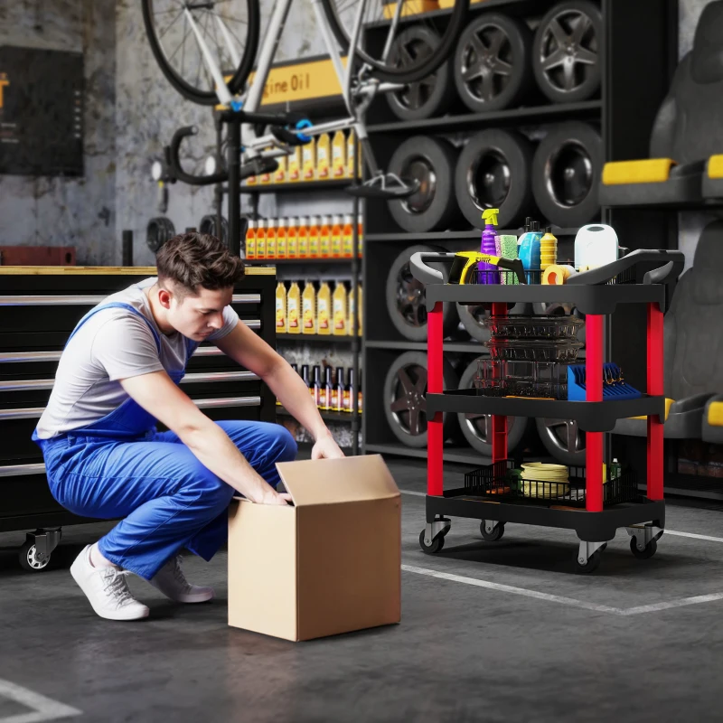 HOMCOM Gereedschapswagen met 3 Niveaus, Zijhandvatten, Wielen, Kunststof, Zwart