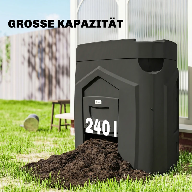 Outsunny 240L Tuincompostbak, Driehoekige compostcontainer met 3 deuren, Zwart