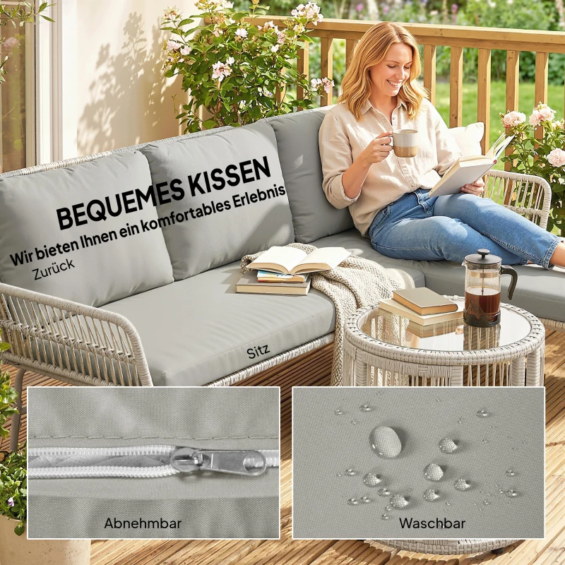 Outsunny Polyrattan tuinmeubelset 3-delig, loungeset met chaise longue tweezitsbank glazen tafel afneembare kussens