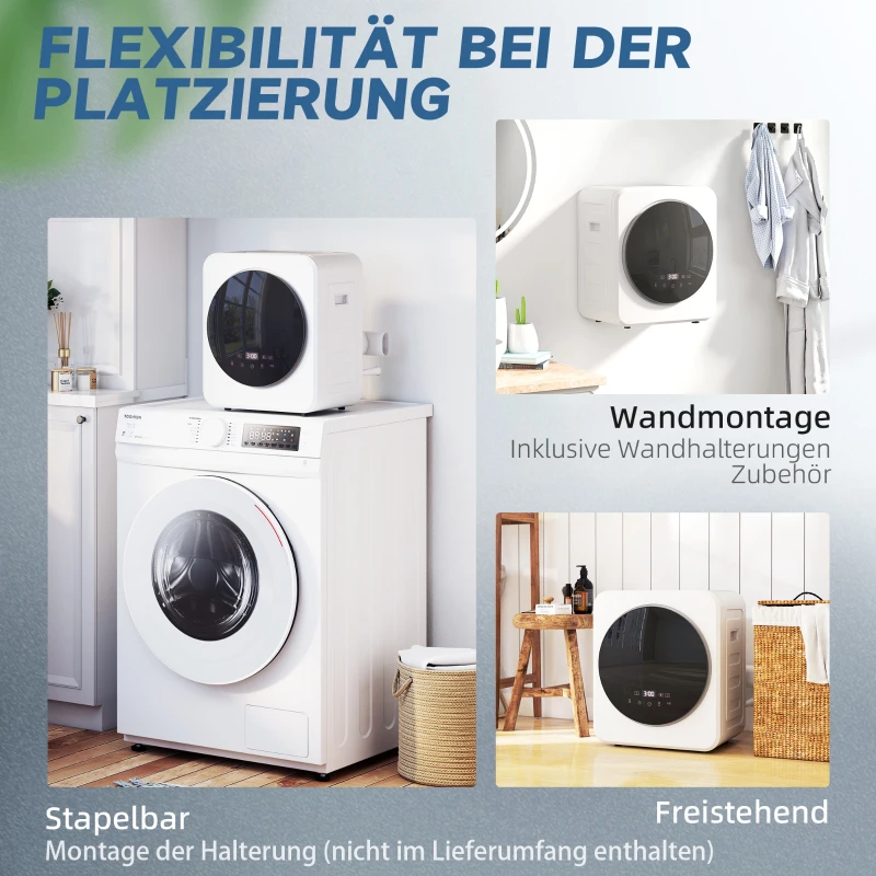 HOMCOM Luchtafvoerdroger, 4 kg voorlader-wasdroger met roestvrijstalen trommel, 800W compact vrijstaand, wit
