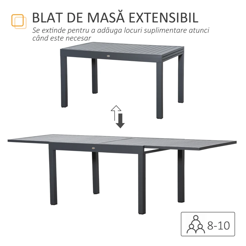 Masa de Gradina Extensibila Outsunny pentru 8-10 Persoane cu Structura din Aluminiu, 135-270x90x75cm, Gri