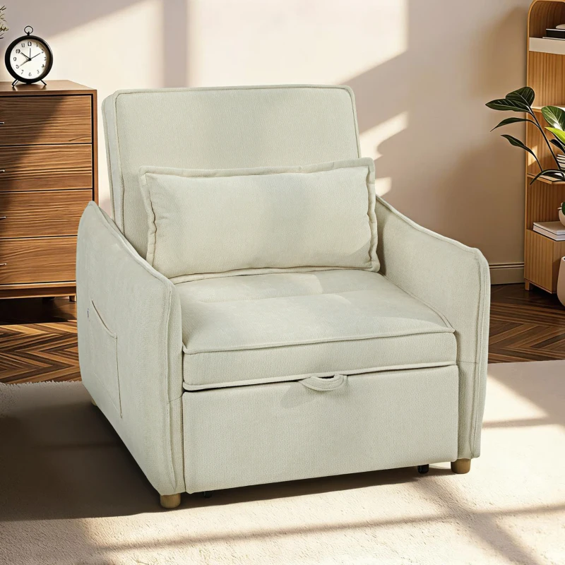 HOMCOM Schlafsessel 3 in 1 Umwandelbarer Sessel mit Bettfunktion, Lendenkissen, für Wohnzimmer Creme