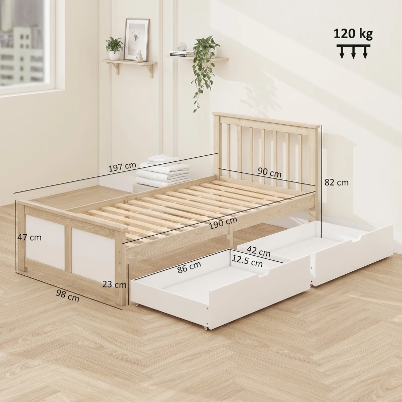 HOMCOM Pine Storage Bed, 3ft Single Solid Wooden Bed Frame with Drawers, Headboard, Wood Slat Support, Natural Wood Finish
