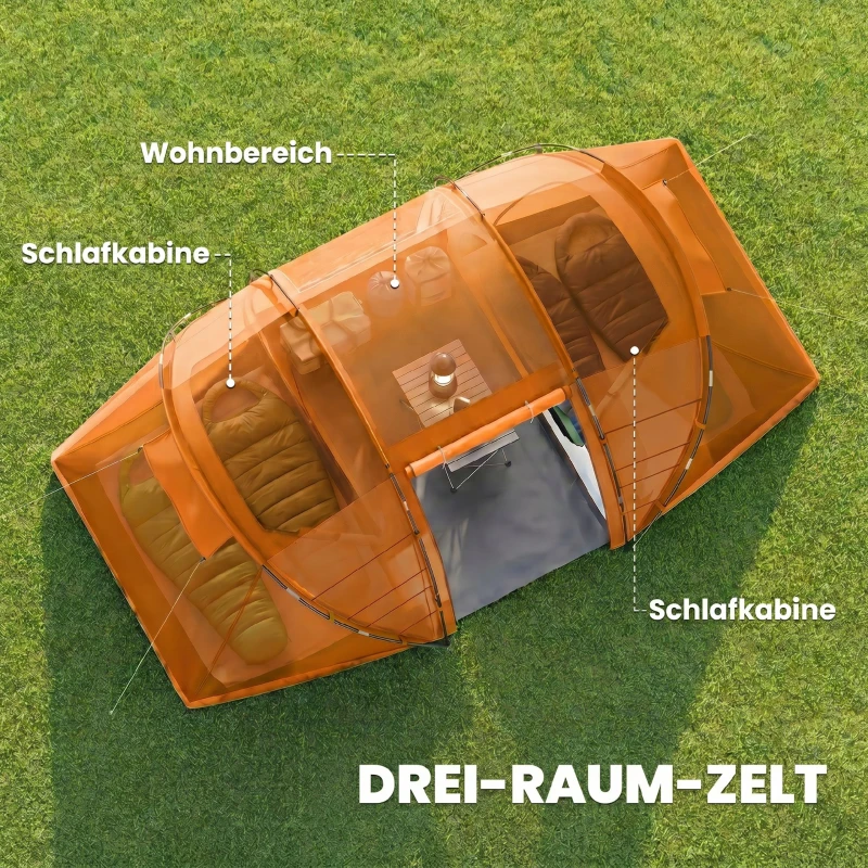 Outsunny Tunnelzelt für 4 Personen, Campingzelt mit Tür, Bodenplane, 2000mm wasserdicht Orange