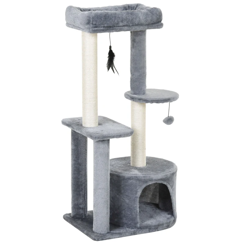 PawHut Rascador para Gatos con Postes de Sisal y Felpa Suave con Cama Cueva Plataformas Bola y Pluma 48x35x100 cm Gris y Beige