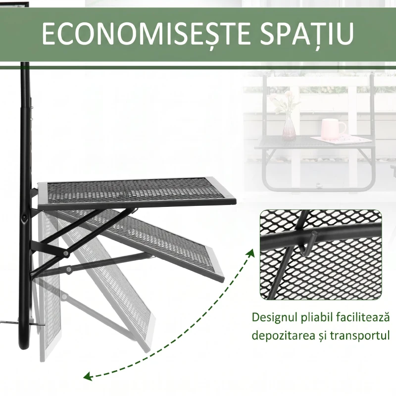 Outsunny Masa de Balustrada Pliabila din Metal, 60x60x57-72cm, Negru