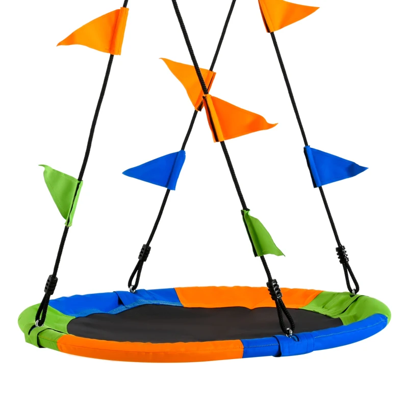 Outsunny Columpio de Jardín Nido Ø100x120-180 cm Altura Ajustable con Cuerdas y Banderas para Niños y Adultos Carga 80 kg Interior y Exterior Multicolor